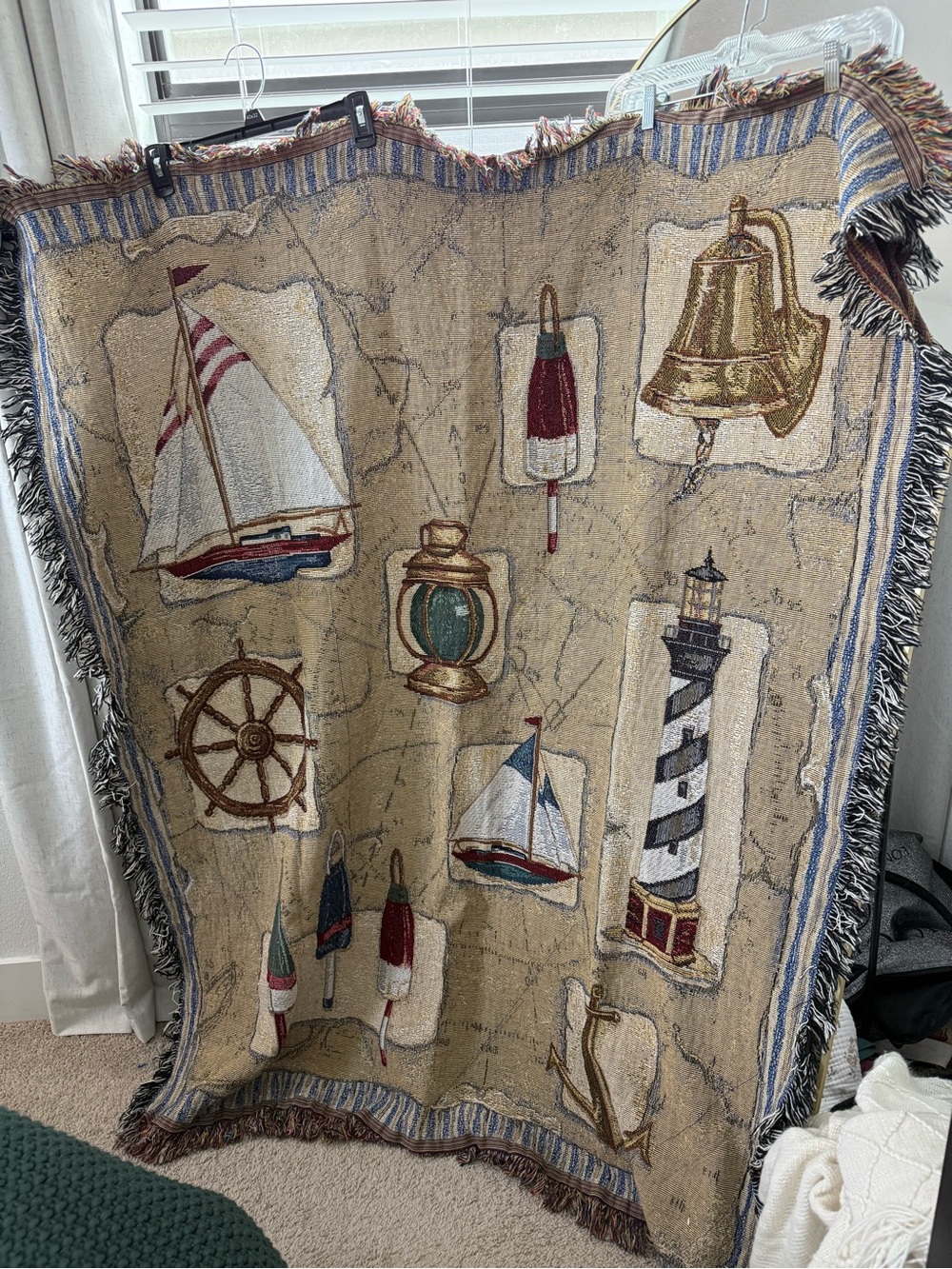 Nautical Tapestry Throw Blanket - Sailboat, Lighthouse & Bell Motif